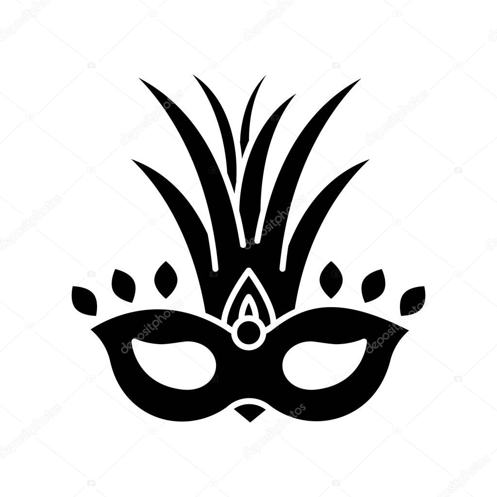 Masquerade mask black glyph icon. Traditional headwear with palm leaves. Ethnic festival. National holiday parade. Silhouette symbol on white space. Vector isolated illustration