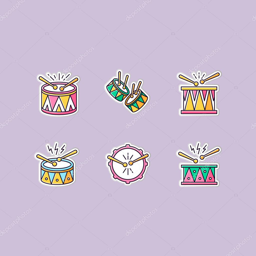 Brazilian music printable patches. Drums with drumsticks. RGB color stickers, pins and badges set. Samba. Musical instrument. Brazilian carnival. Festive drum parade. Vector isolated illustrations