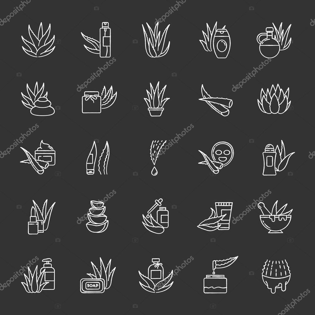 Aloe vera chalk white icons set on black background. Natural cosmetic and dermatology. Medicinal herbs. Succulent, cactus. Healthy skincare products. Isolated vector chalkboard illustrations