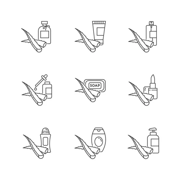 Aloe vera pixel perfect linear icons set. Cosmetic products with — 스톡 벡터