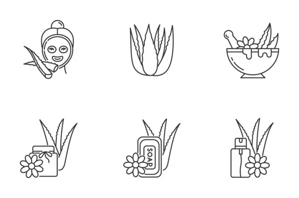 Aloe vera pixel perfect linear icons set. Facial moisturizing ma — Stock Vector