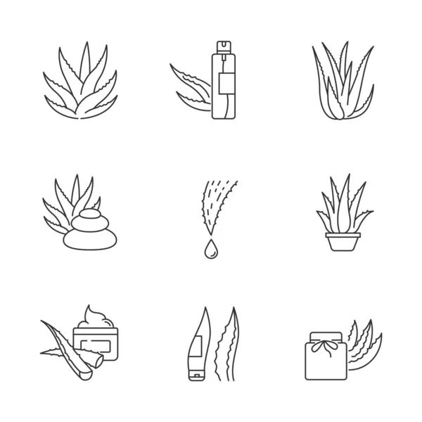 Aloe vera pixel perfect linear icons set. Organic cosmetical spr — Stock Vector