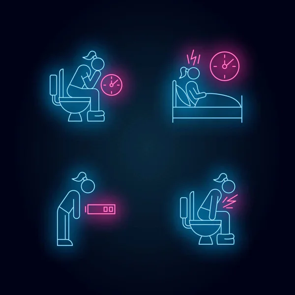 Predmenstrual syndrome neon light icons set. Menstruation sympto — 스톡 벡터