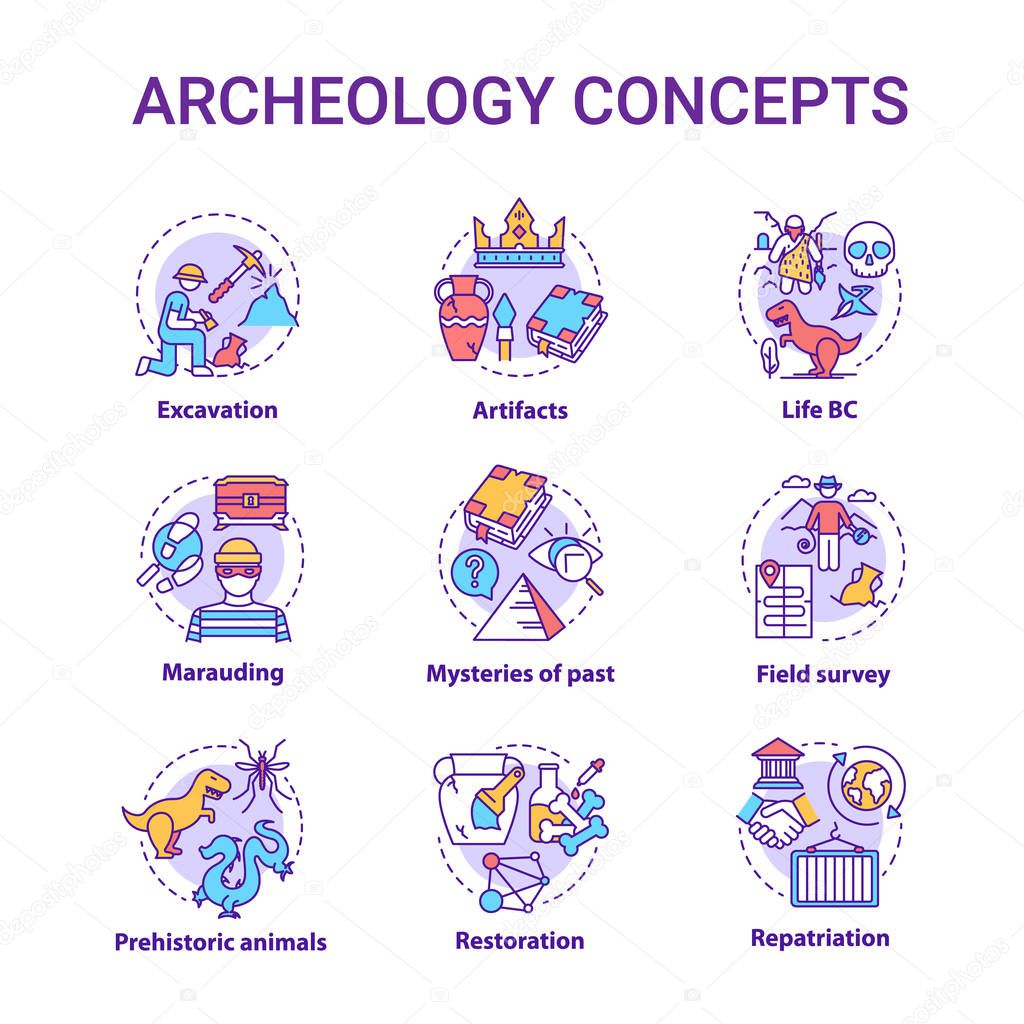 Archelogy concept icons set. Studying the history of civilizatio