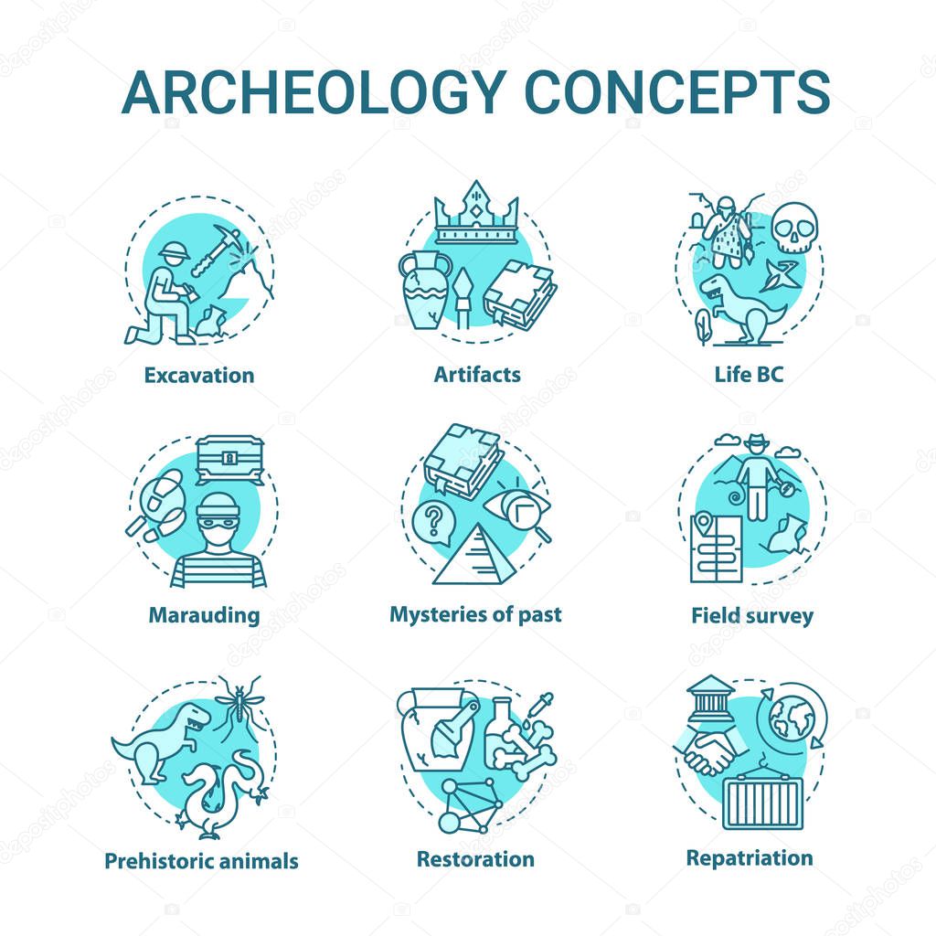 Archelogy concept icons set. Studying history of ancient artifac