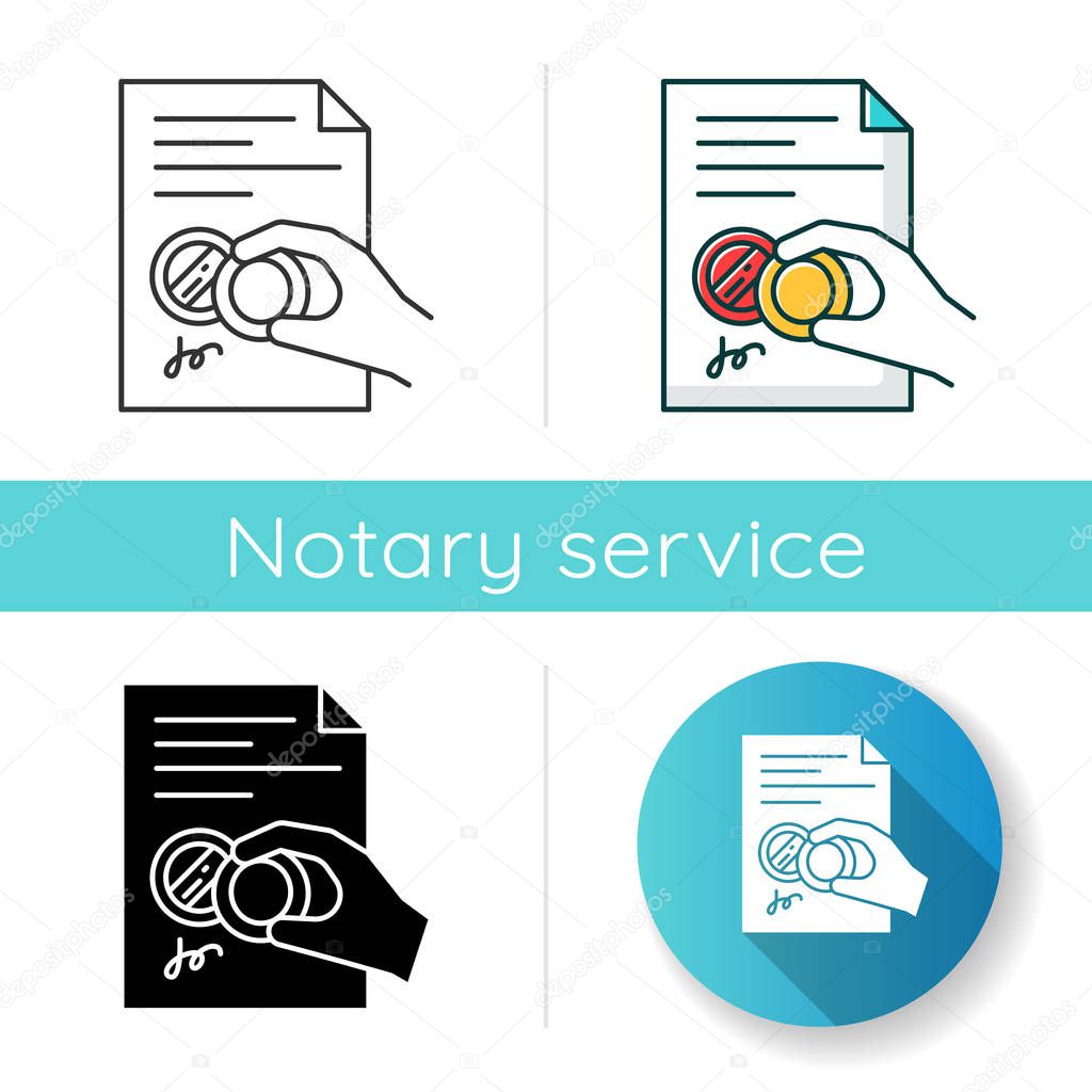 Hand with stamp icon. Certificate. Notarized document. Apostille