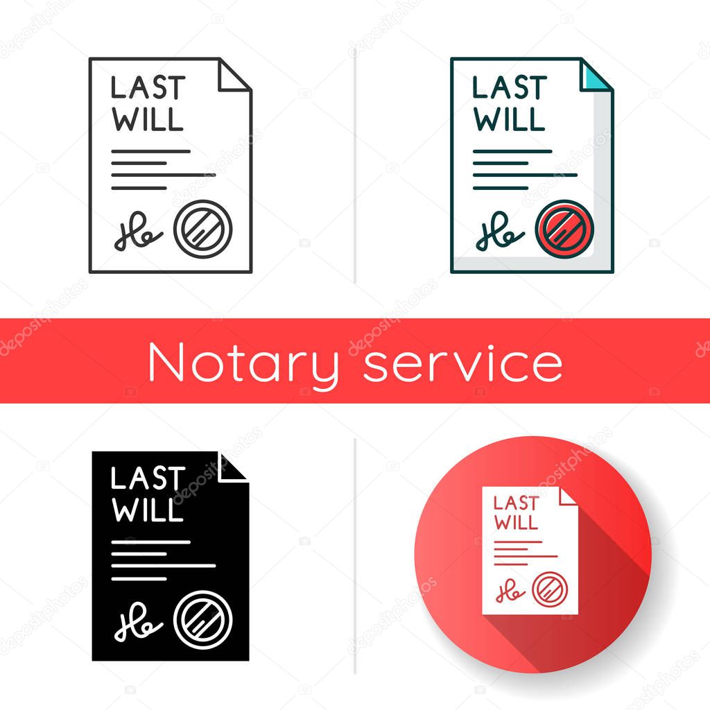 Signed last will icon. Document with stamp. Notarized testament. Apostille and legalization. Legal paper. Notary services. Linear black and RGB color styles. Isolated vector illustrations