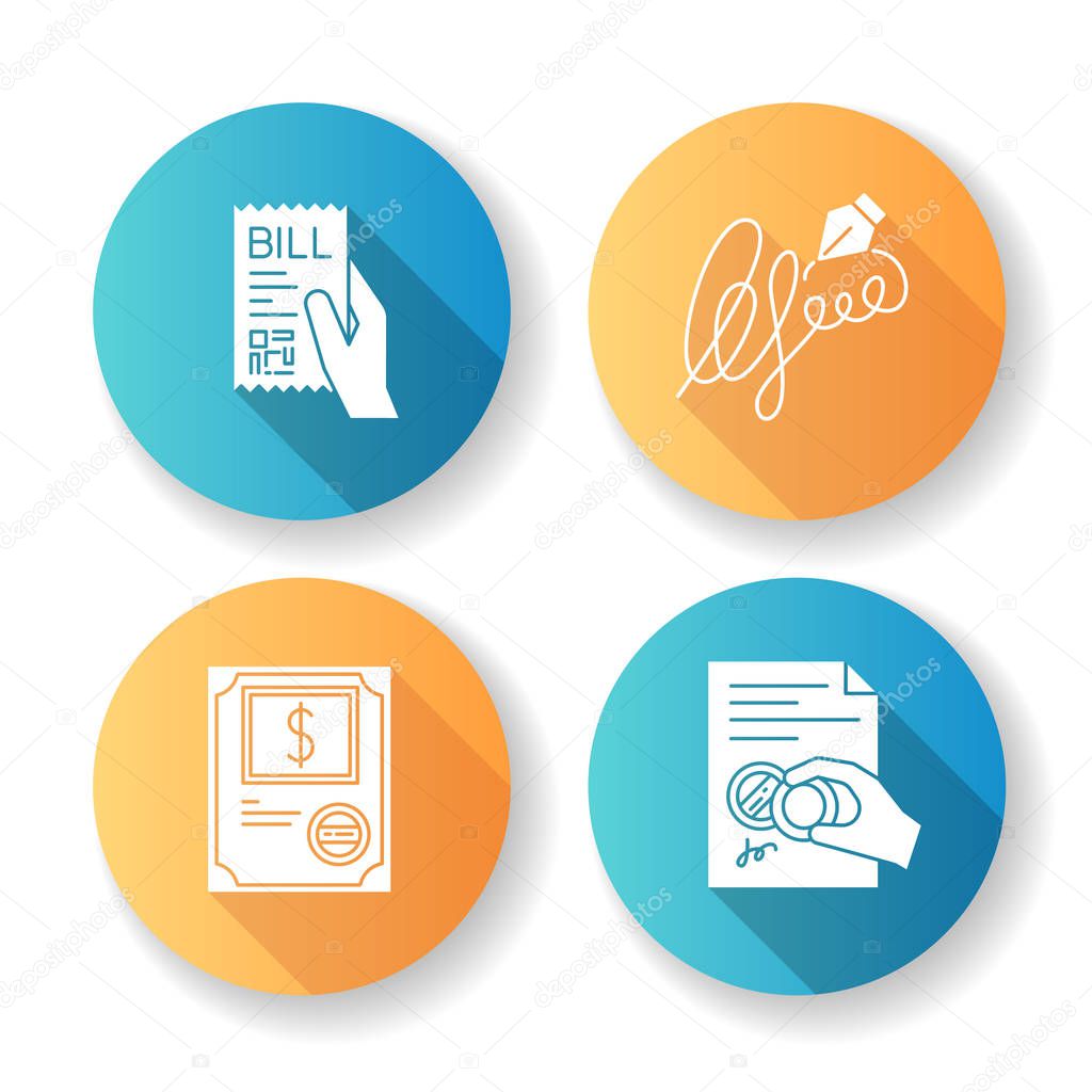 Notary services flat design long shadow glyph icons set. Apostil