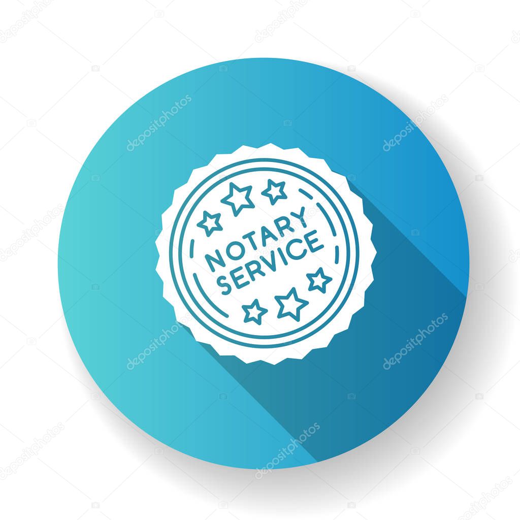 Notary services stamp mark blue flat design long shadow glyph icon. Apostille and legalization. Notarization. Notarized document. Validation, confirmation. Silhouette RGB color illustration
