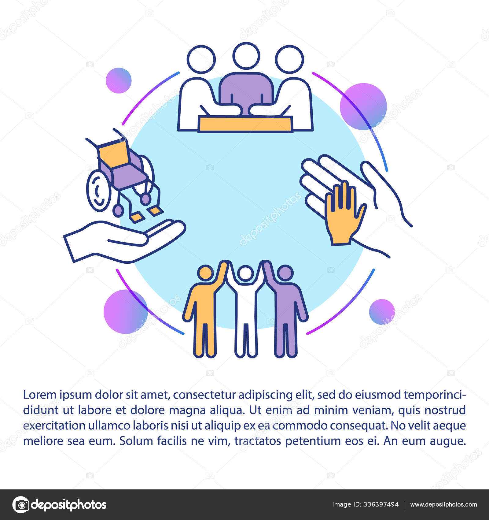 Icono de concepto de inclusión con texto. Niños discapacitados ayudan y