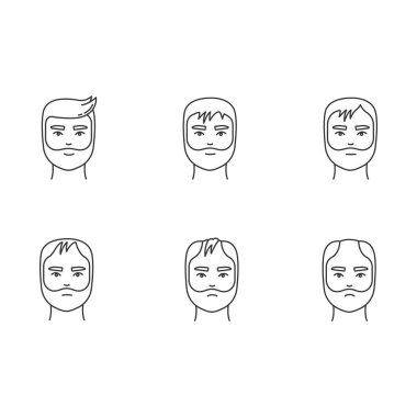 Saç kaybı pikseli mükemmel doğrusal simgeler ayarlandı. Kellik süreci aşaması