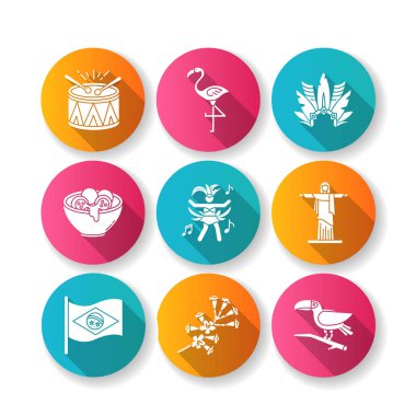 Brezilya kültürü düz tasarım uzun gölge sembolleri seti. Tradi.