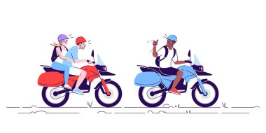 Motosikletli insanlar düz karalama çiziyor. Turistler biniyor 