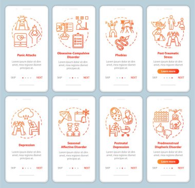 Zihinsel bozukluklar mobil uygulama sayfa ekranında kavramlarla birlikte. Psikolojik hastalıklar grafiksel talimatları inceliyor. Doğum sonrası depresyon. Rgb renk resimleriyle Ui vektör şablonu