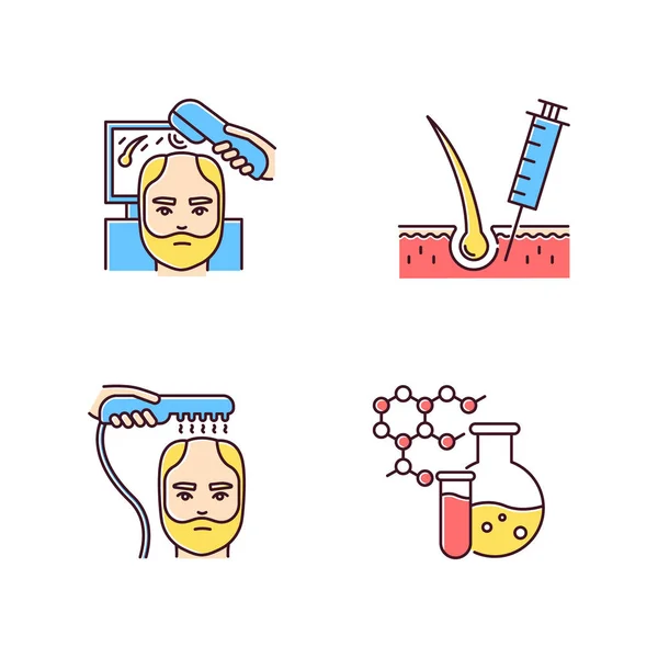 Conjunto de iconos de color RGB de pérdida de cabello. Terapia láser para adelgazamiento de hombres — Vector de stock