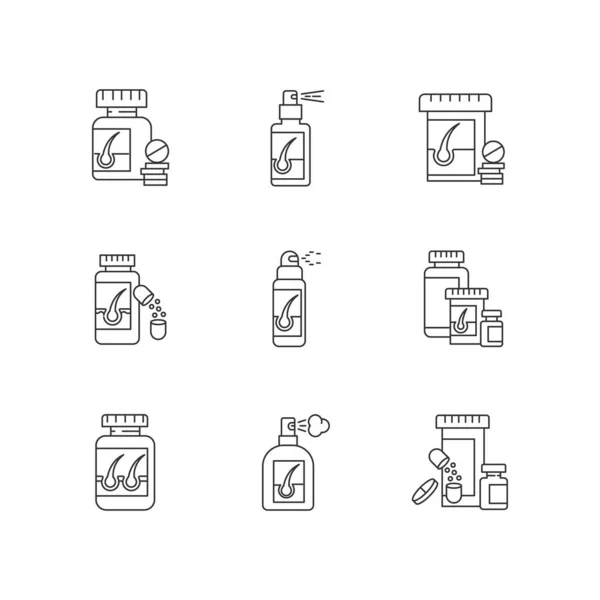 Hair loss pixel perfect linear icons set. Medicament for alopeci — 스톡 벡터