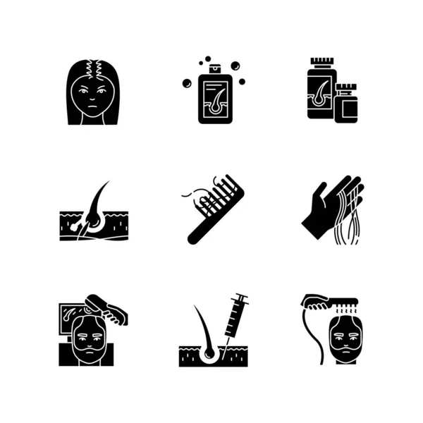 Hair loss black glyph icons set on white space. Male alopecia an — 스톡 벡터