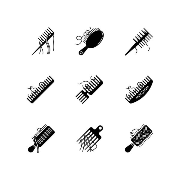 Hair loss black glyph icons set on white space. Comb with hair. 