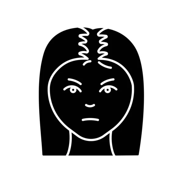 Kobieta włosy czarny glif ikona. Kobieta z łysieniem. Prob wypadanie włosów — Wektor stockowy
