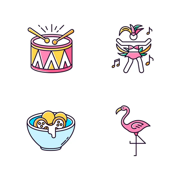 Conjunto de iconos de color rosa carnaval brasileño RGB. Música tradicional . — Vector de stock