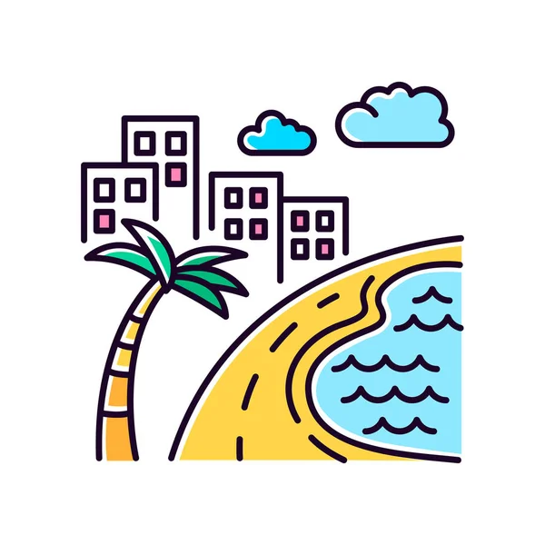 巴西海滩黄色Rgb颜色图标. 摩天大楼和池塘. — 图库矢量图片