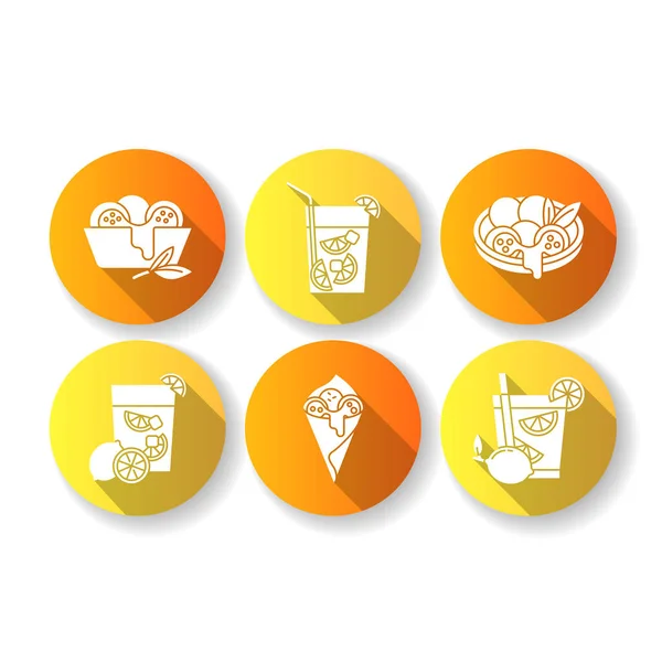 Brazilian cuisine flat design long shadow glyph icons set. Aranc — 스톡 벡터