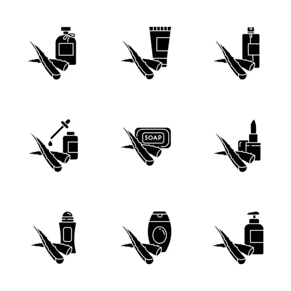 Aloe vera black glyph icons set on white space. Cosmetic product — 스톡 벡터