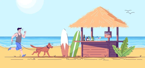Homme jogging au bord de la mer avec son chien illustration doodle plat. Gu ! — Image vectorielle