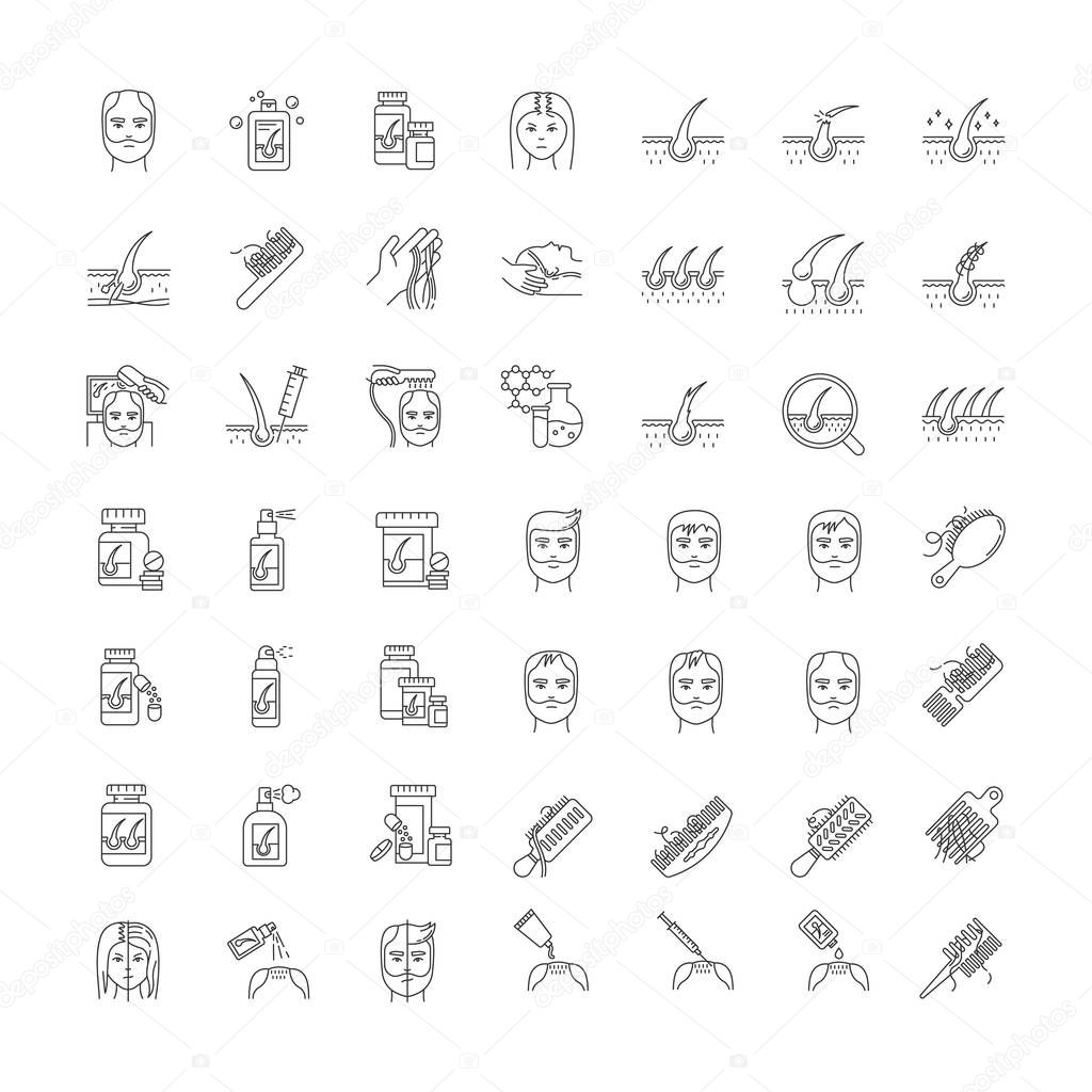 Hair loss pixel perfect linear icons set. Baldness and alopecia 