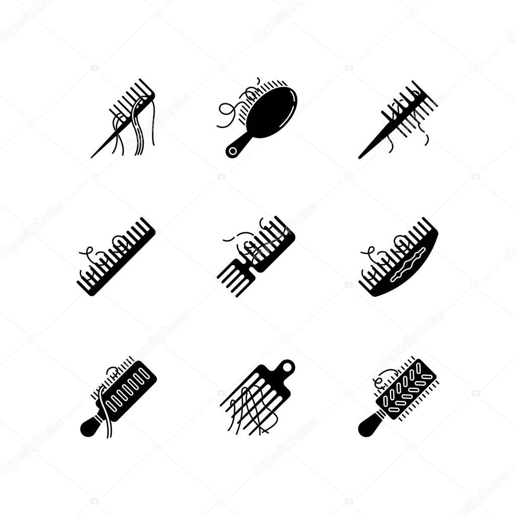Hair loss black glyph icons set on white space. Comb with hair. 