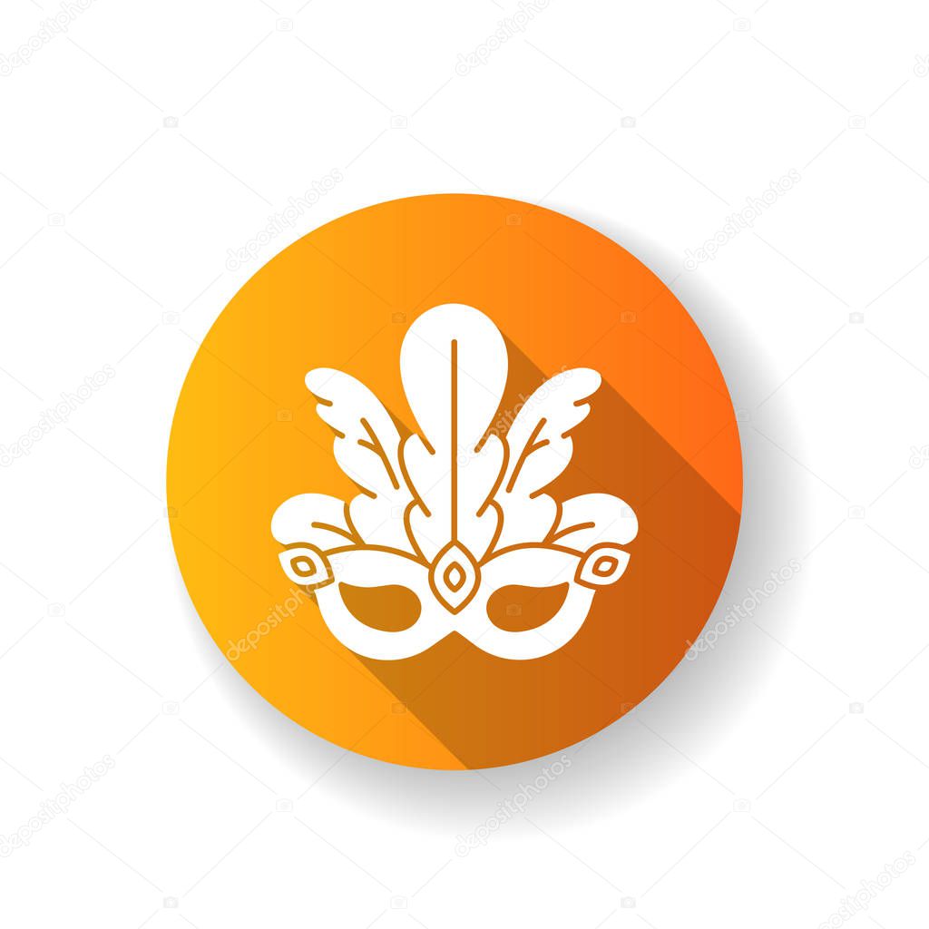 Masquerade mask orange flat design long shadow glyph icon. Brazilian traditional headwear with plumage. Ethnic festival. National holiday parade. Silhouette RGB color illustration