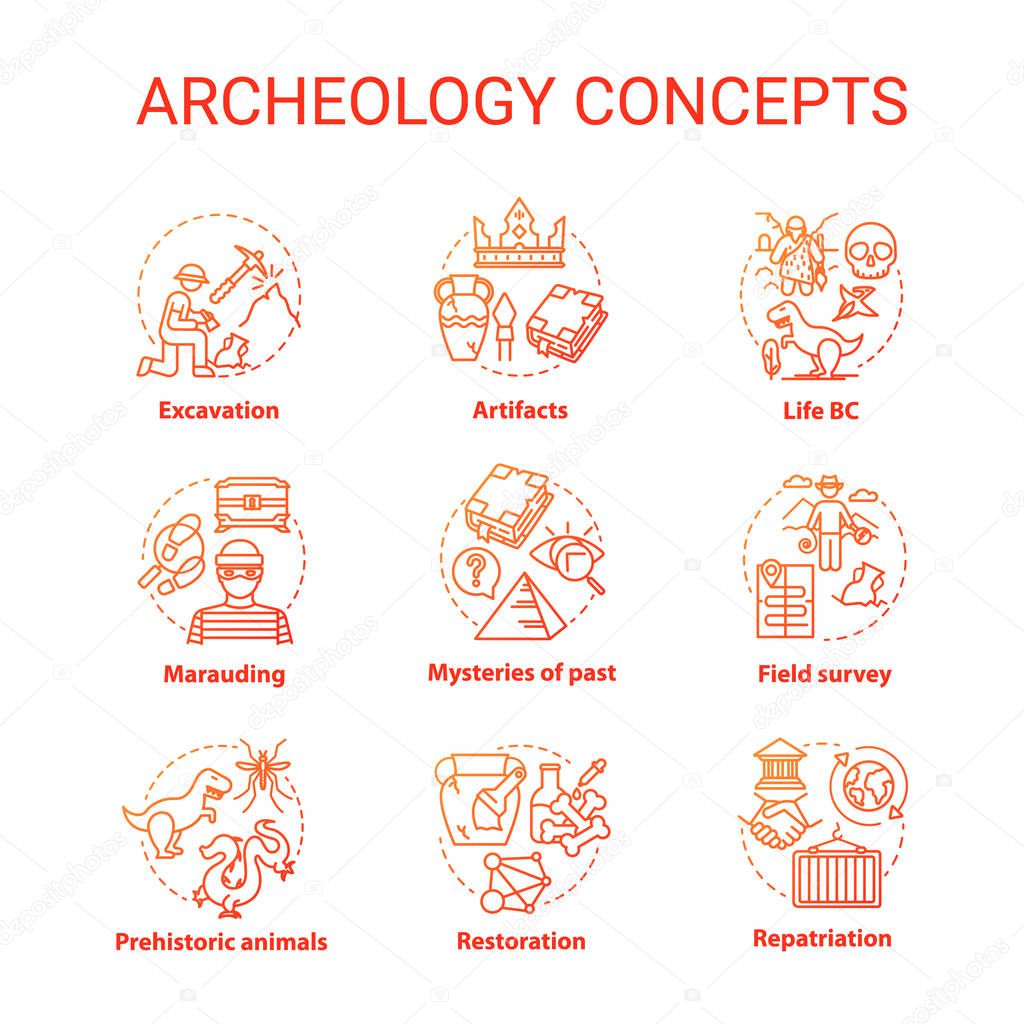 Archelogy concept icons set. Studying the history of ancient art