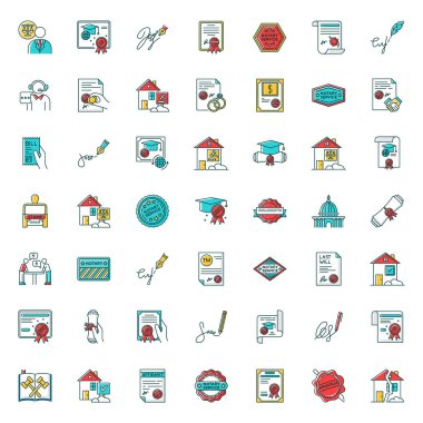 Noter hizmetleri Rgb renk büyük simgeleri seti. Apostille ve Legal