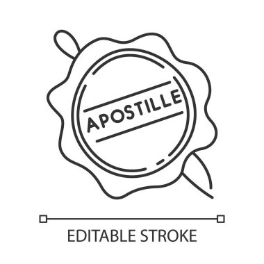 Apostille balmumu mühür pikseli mükemmel doğrusal simge. Noter hizmetleri.