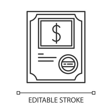 Stok sertifikası piksel mükemmel doğrusal simgesi. Şirket hukuku. Shar.