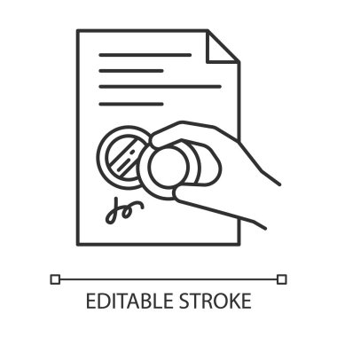 Pul pikselli el mükemmel doğrusal simge. Sertifika. Ehliyet.