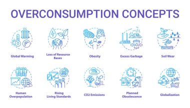 Overconsumption concept icons set. Global warming. Ecological an clipart