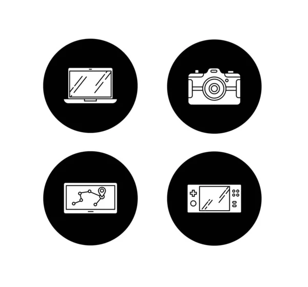Κινητές συσκευές σύνολο εικονιδίων glyph. Ηλεκτρονικά εργαλεία τσέπης. Πλοηγός — Διανυσματικό Αρχείο