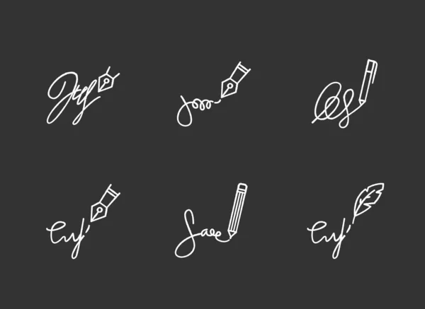 Firmas tiza iconos blancos establecidos sobre fondo negro. Apostilla — Vector de stock