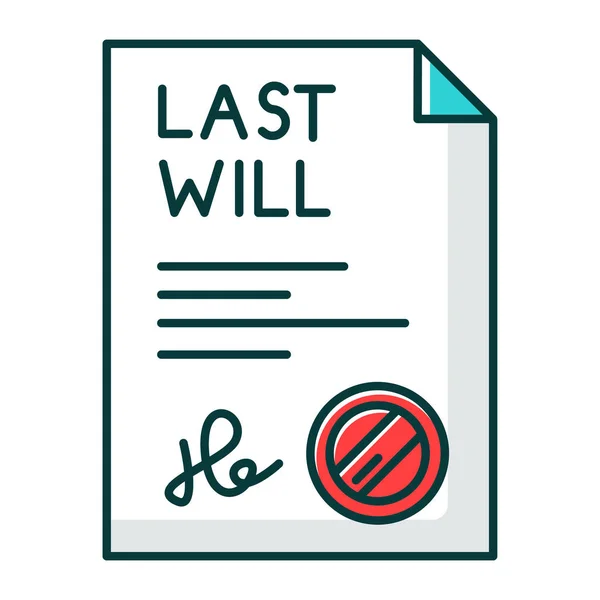 Signed last will RGB color icon. Document with stamp. Notarized — Stock Vector