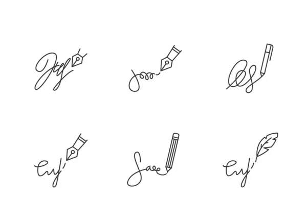 Firmas píxel conjunto de iconos lineales perfectos. La escritura. Autograp — Vector de stock