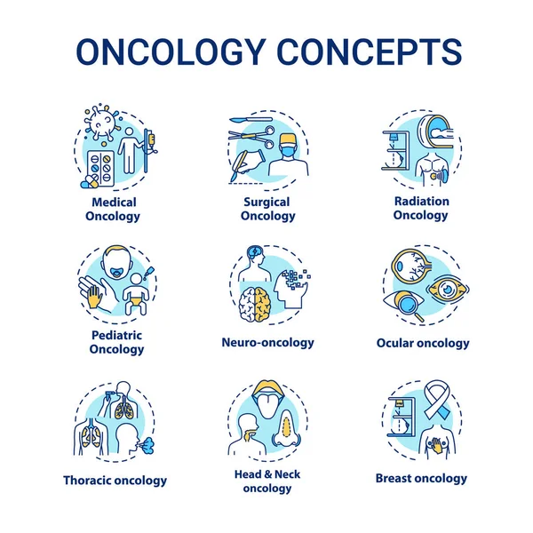 Oncology concept icons set. Cancer disease types and treatment. Medication of tumor. Healthcare idea thin line RGB color illustrations. Vector isolated outline drawings. Editable stroke — Stock Vector