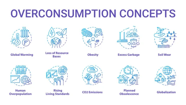 Set di icone del concetto di consumo eccessivo. Riscaldamento globale. Ecologico e — Vettoriale Stock