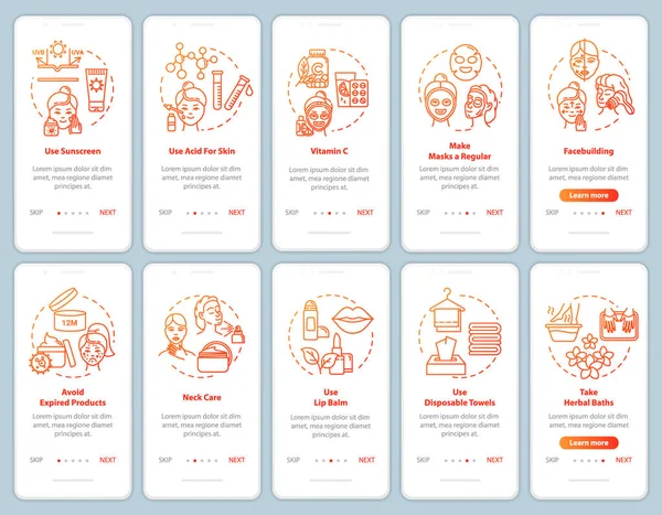 Skicare mobil uygulama sayfası ekranında konseptlerle birlikte. Kozmetik ürünler. Dermatoloji ve kozmetoloji 5 aşamalı grafik talimatları inceliyor. Rgb renk resimleriyle Ui vektör şablonu