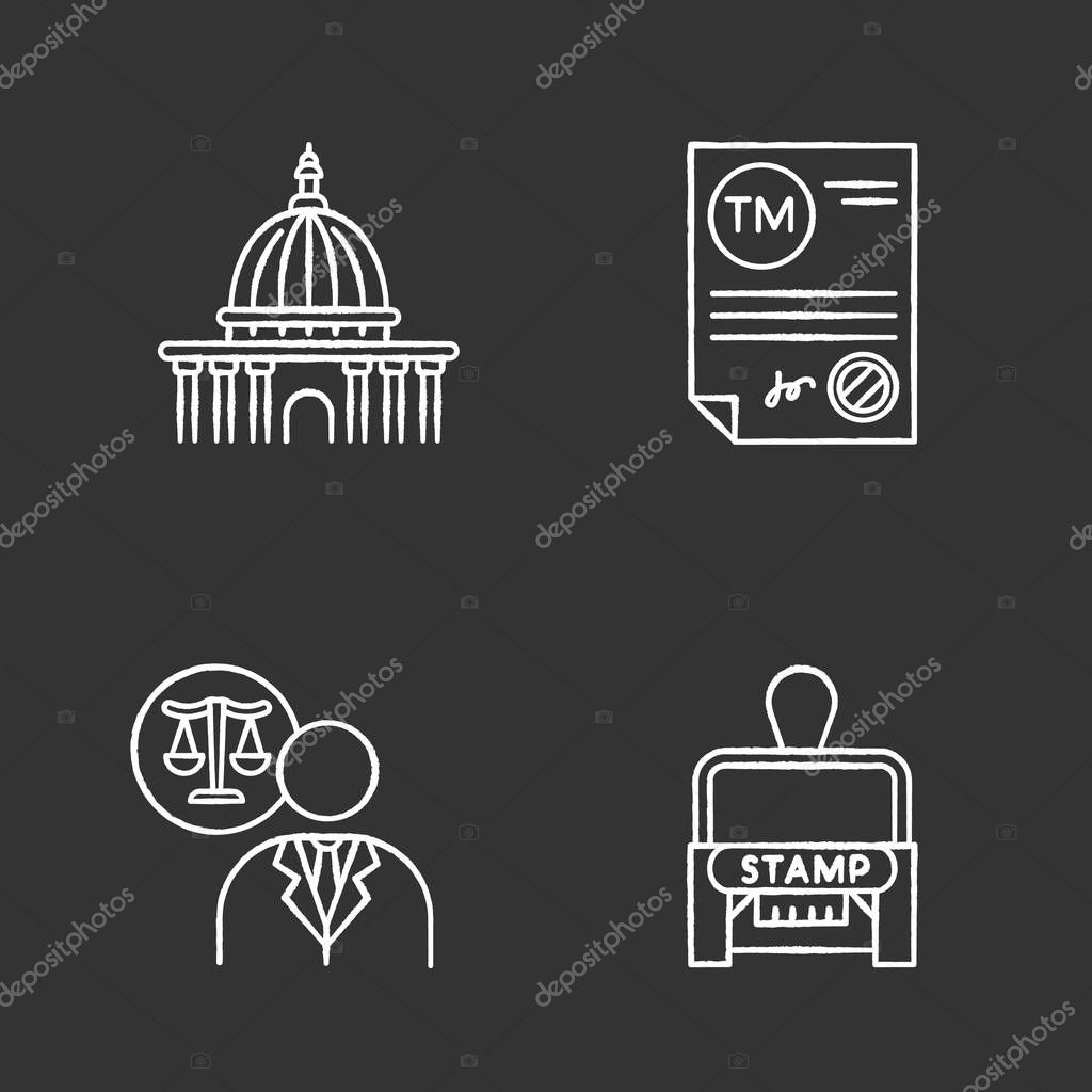 Notary services chalk white icons set on black background. Apostille and legalization. Notarized document. Trademark certificate. Supreme court. Lawyer. Stamp. Isolated vector chalkboard illustrations