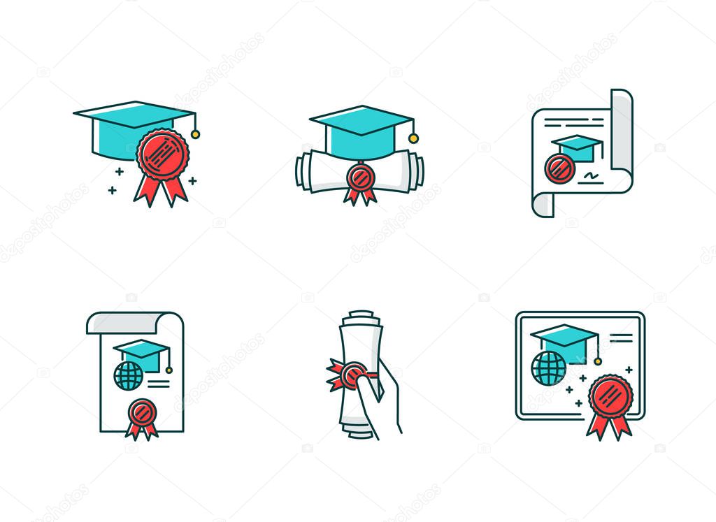 Diploma RGB color icons set. Internationally accepted school cer