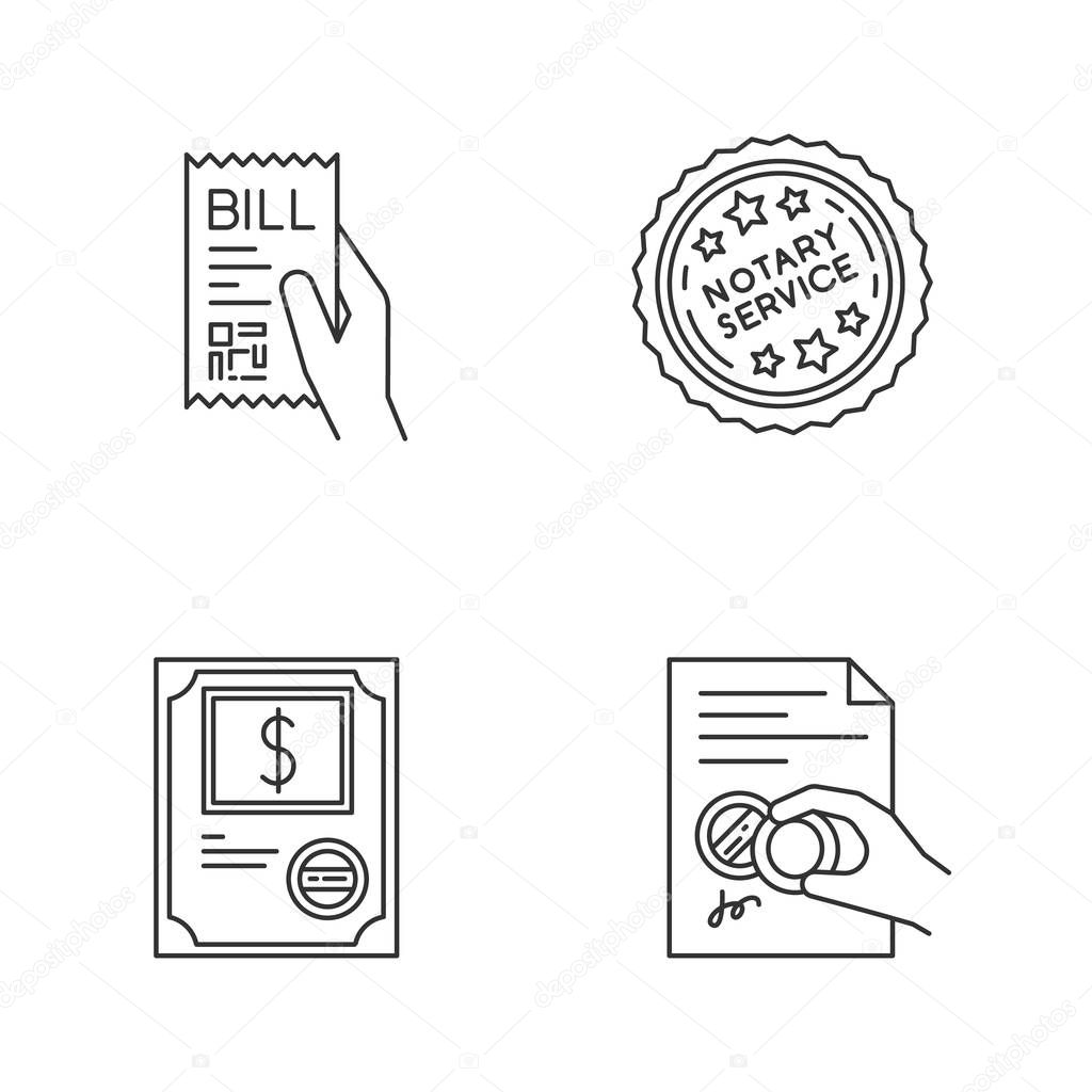 Notary services pixel perfect linear icons set. Stock certificat