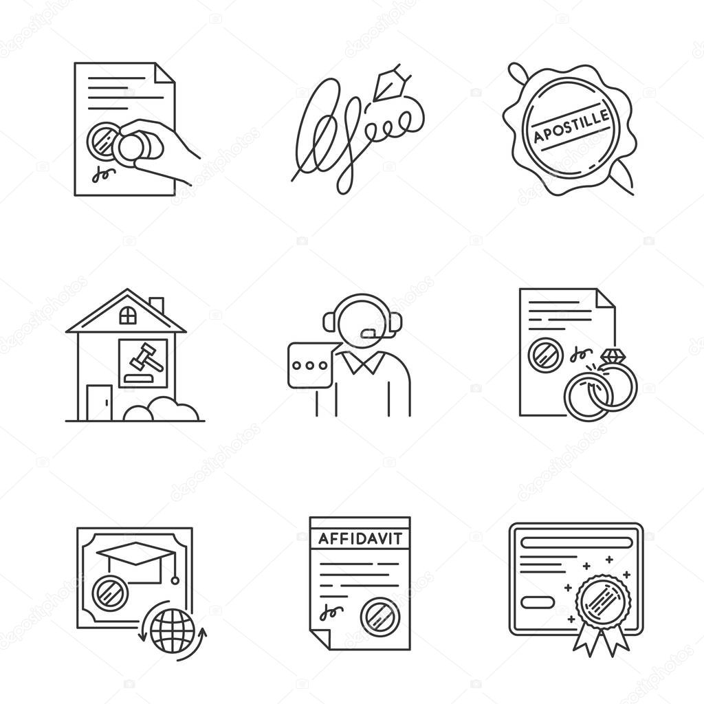 Notary services pixel perfect linear icons set. Certificate. Aff