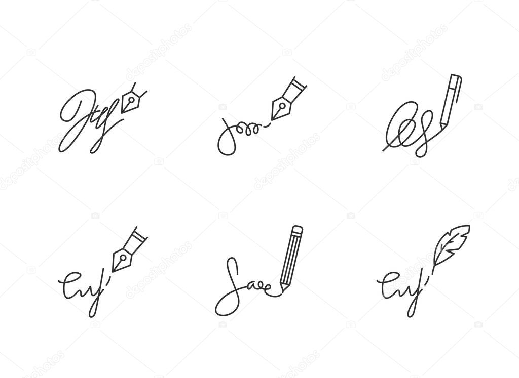 Signatures pixel perfect linear icons set. Handwriting. Autograp