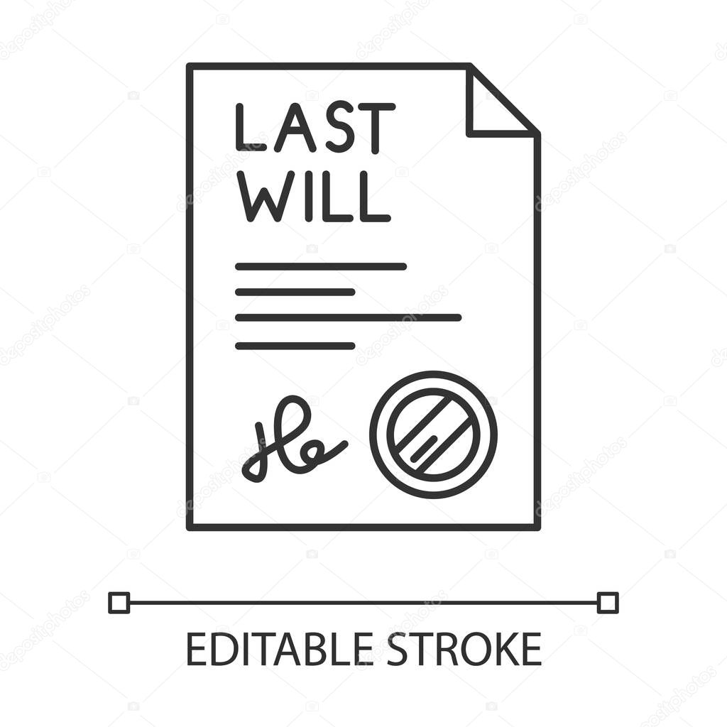 Signed last will pixel perfect linear icon. Document with stamp.